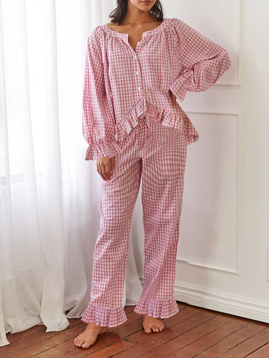 Conjunto de pijama a cuadros con volantes para mujer, cuello redondo, manga larga, botones, pantalones largos, ropa de descanso