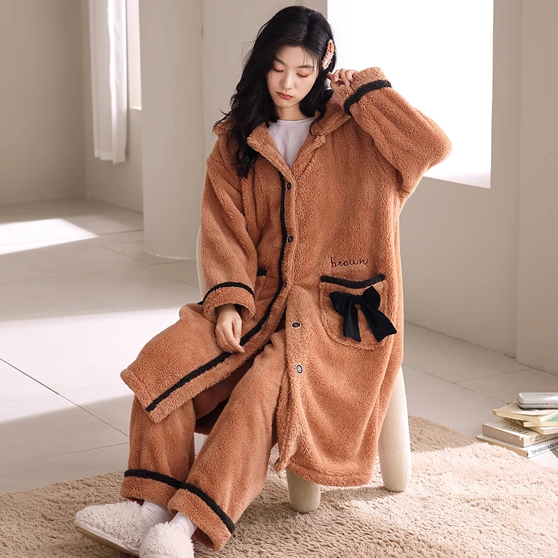 Winter New Thickened Cardigan 2 Pieces Pajamas for Women Coral Fleece Sleepwear Women Fallow Solid Color Home Suit for Wome