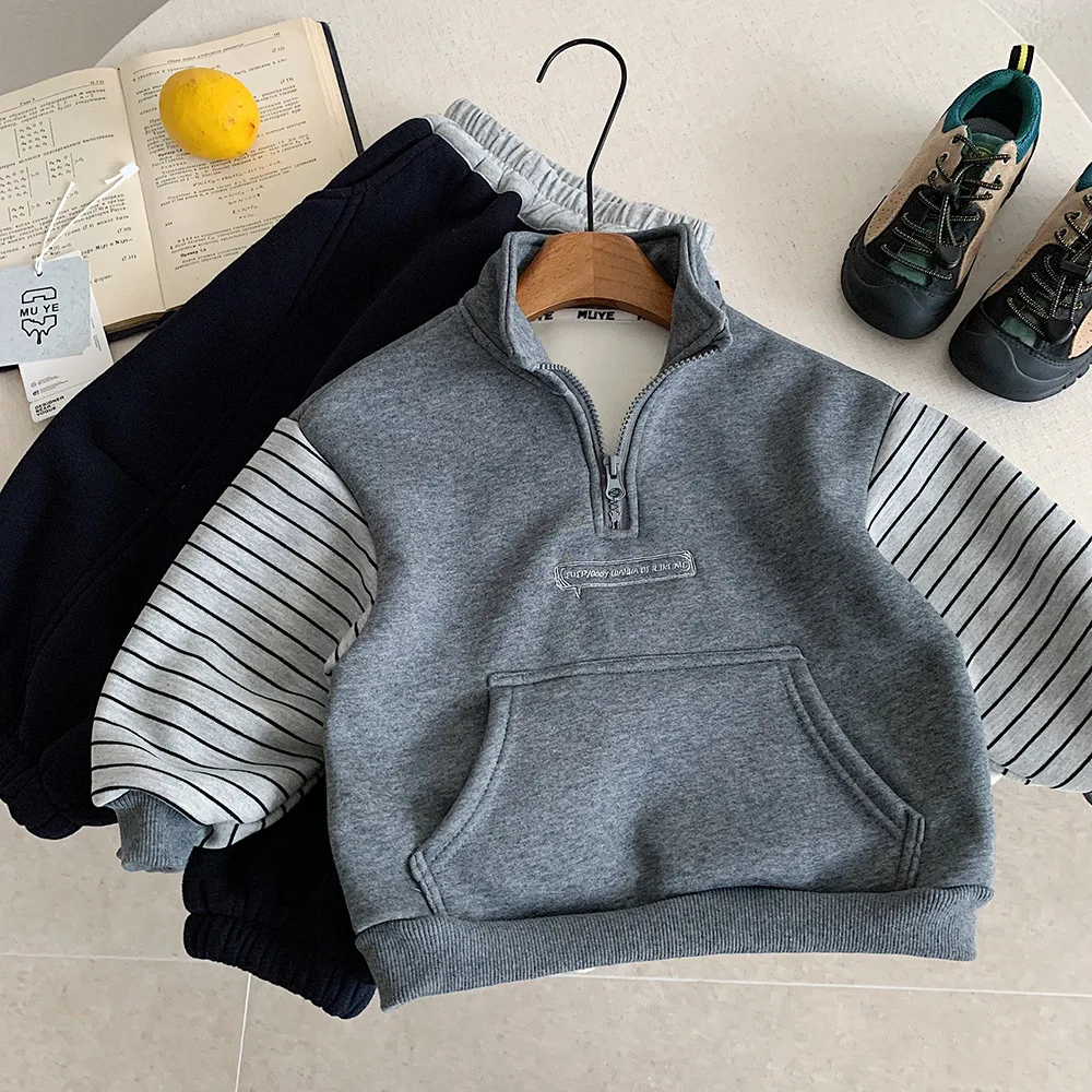 

UNIITM Kids Baby Boy Sweatshirt Stand Collar Thicken Warm Toddler Boys Hoodies New Winter Striped Patchwork Infant Boy Pullovers