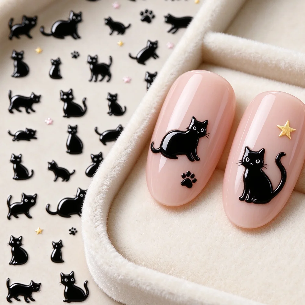 5D Relief Black Cat Nail Stickers Kawaii Cartoon Kitten Paw Print Gold Star Nail Art Decals Little Black Cat Animal DIY Manicure