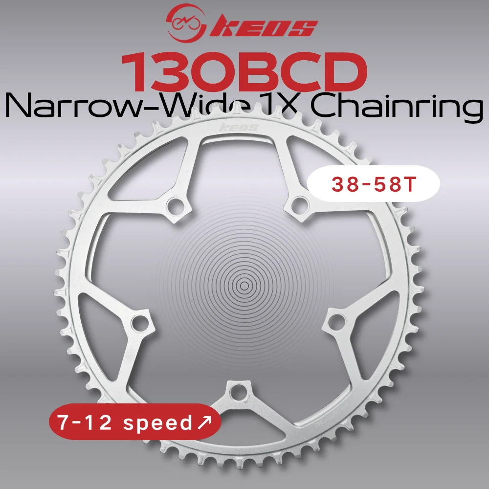 Image of KEOS 130BCD Narrow Wide 1x Kettenblatt 38-58T 7-12 Gang Fahrradketten Ultraleichte Aluminiumlegierung für Rennrad Faltrad Schwarz Silber