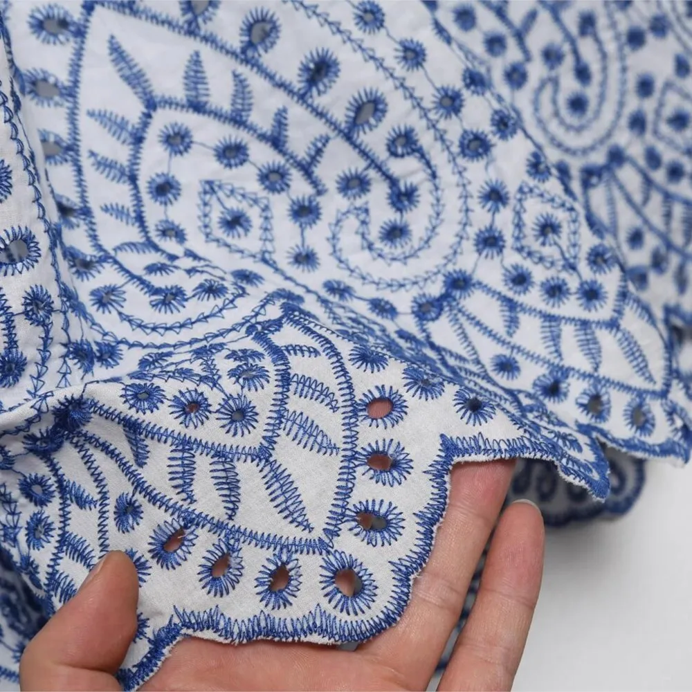 Abiti da festa midi con maniche svasate e volant da donna BOHO Abito estivo senza schienale con spacco scavato con ricamo floreale bianco blu estivo