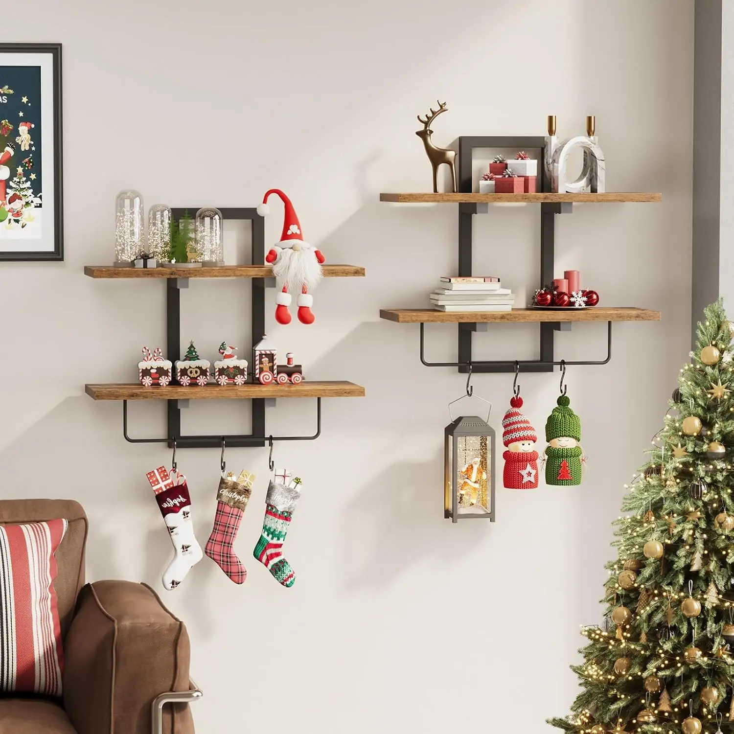 

Set of 2 Floating Wall Shelves with Hooks, Rustic Brown Storage for Living Room Bedroom Kitchen Office