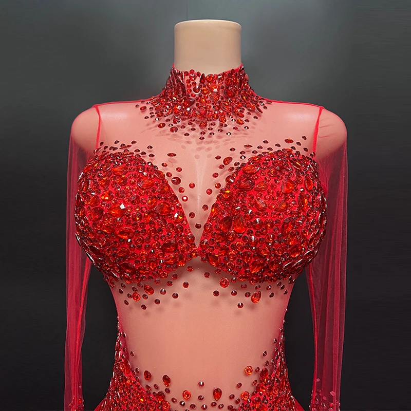 Gogo-Tänzerin-Kleidung, roter Strass-Body, Sänger, Ds, Bühnenkostüm, Party, Show, Rave-Outfit, Schwarz, sexy Overall, Tanzbekleidung 2617