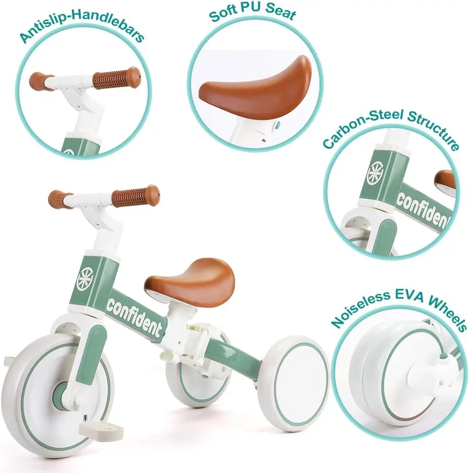 Tricycle for Toddlers 1-3 Year Olds, 5 in 1 Toddler Balance Bike with Removable Pedal, Push Trike Toys with Adjustable Pushrod f