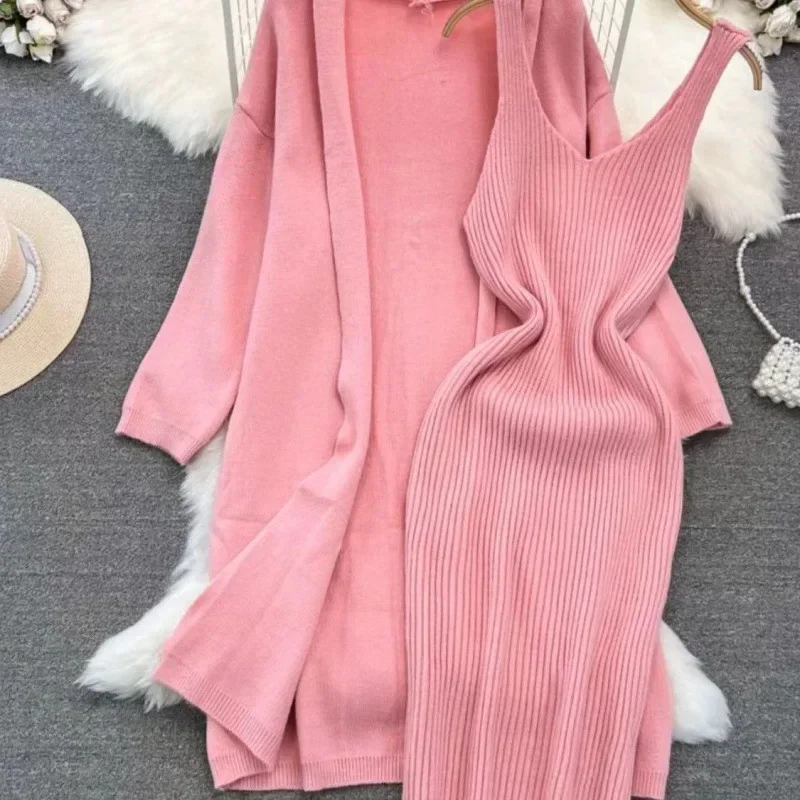 

French Knitted Dress Two-Piece Set Long Women's Style Lazy Fashion Classy Slimming Sweater Jacket Spring Autumn New Arrival