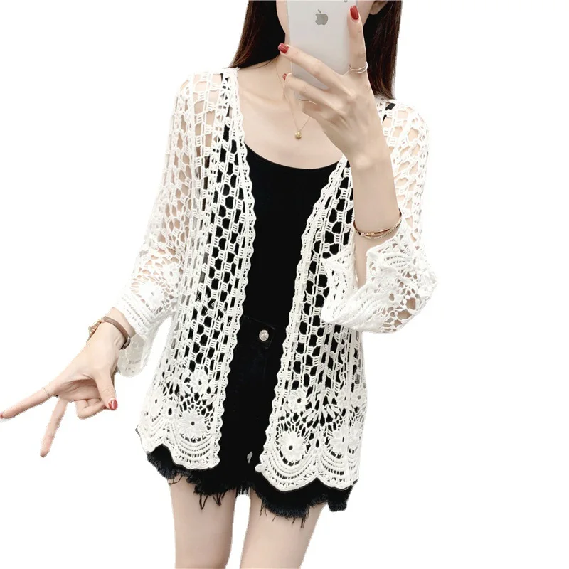 Beach Sun Protection Clothing Women\'s Spring and Summer Lace Hollow Knitted Cardigan Seaside Vacation Loose Blouson