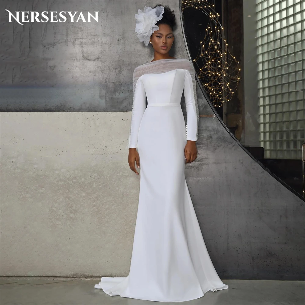 

Nersesyan Pure Mermaid Elegant Wedding Dresses Pleats Tulle And Elastic Satin Bridal Gowns Long Sleeves Bodycon Bride Dress 2024