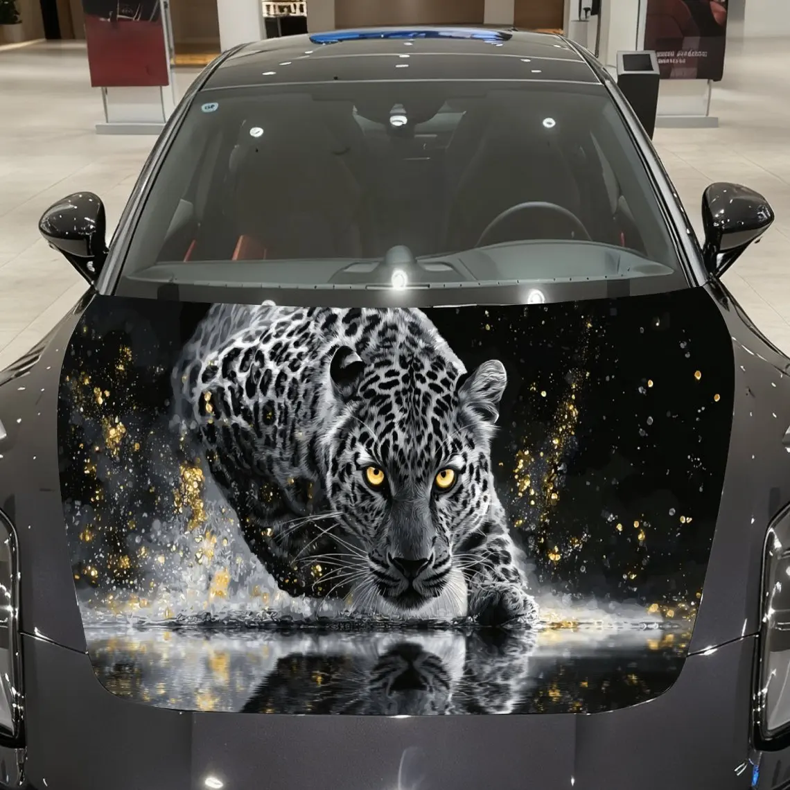 

Golden - Eyed Black Domain Leopard Water Splash Streamer Car Vinyl Wrap, PVC Material Waterproof Car Hood Sticker, Self-Adhesive