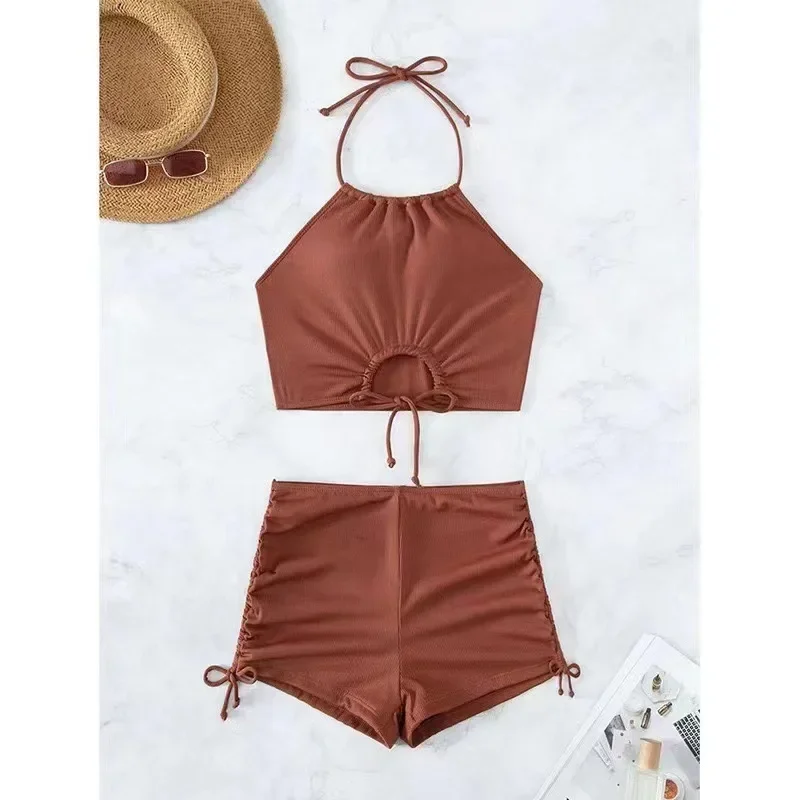 

Women European American Swimsuit Conservative Bikini Solid Color Huludao Swimsuit Sexy Backless Swimsuit 2025 New Bathing Suit