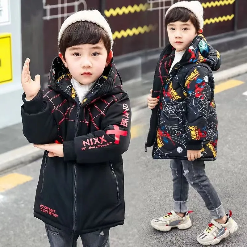 New Spider-Man cartoon double-sided printed cotton coat winter new children's medium-length velvet thickened cotton coat