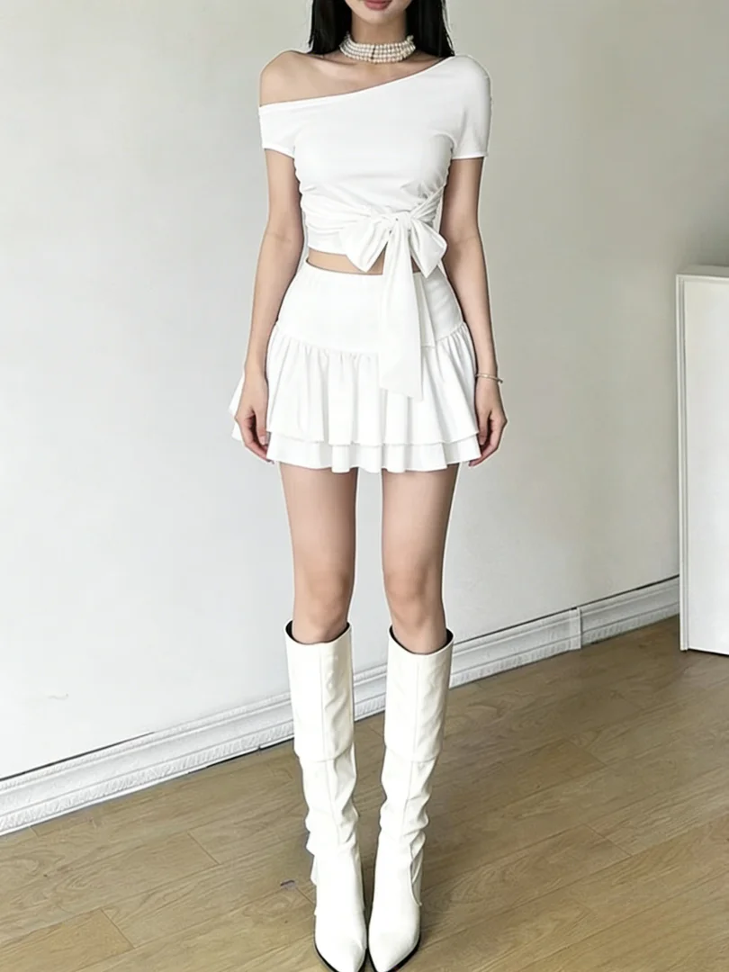 NUOMICI Gonna a vita alta da donna a maniche corte con fiocco diagonale bianco Gonna semplice ed elegante da ragazza sexy in stile gruppo Abito a due pezzi