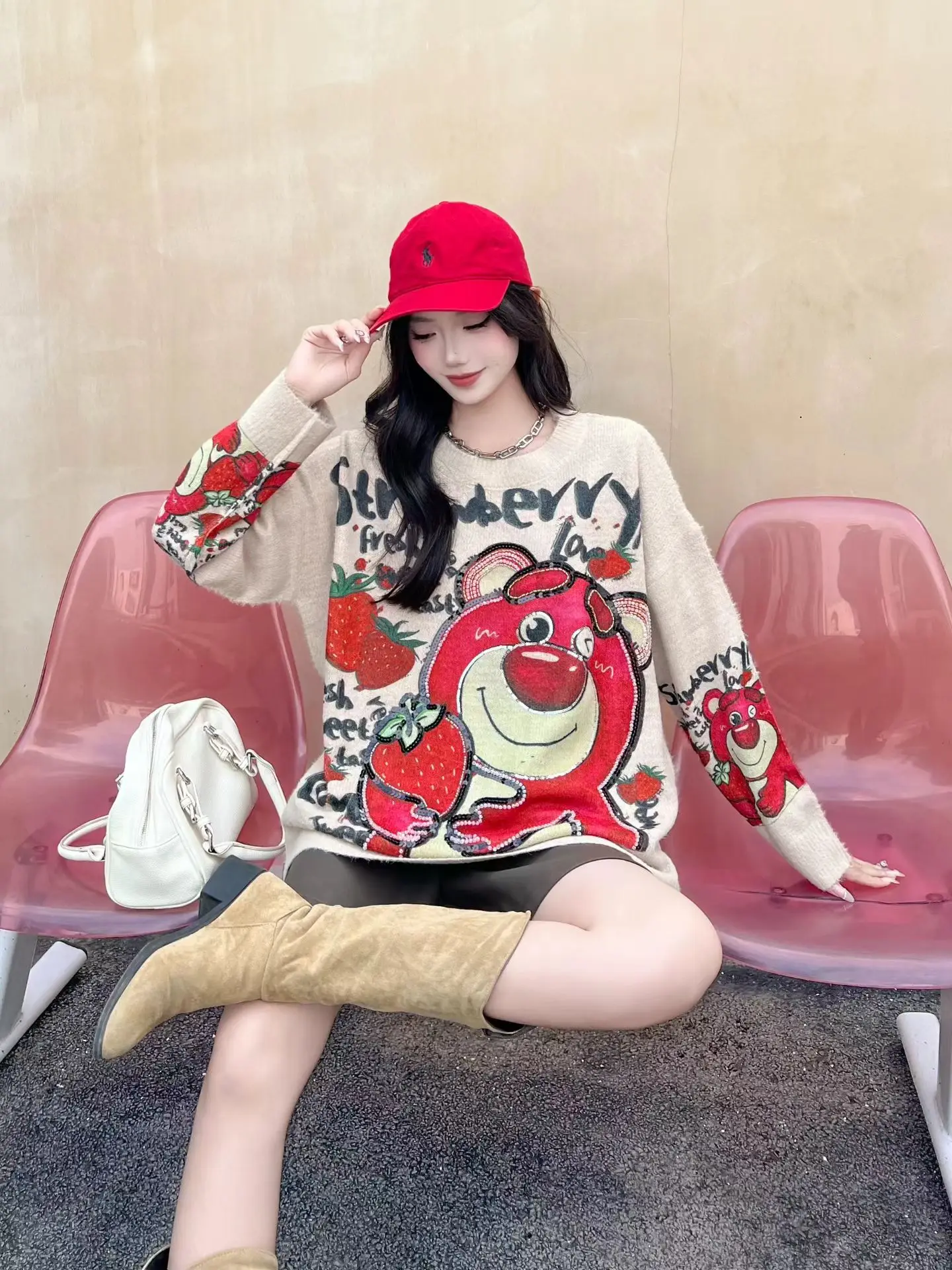 الدب الكرتون طباعة الثقيلة حجر الراين طويلة الأكمام طاقم الرقبة سترة للنساء الخريف بلوفر شتوي فضفاض تريكو سترة #5