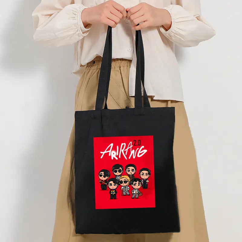 

Kpop Fan Gift Arirang World Tour 2026 Foldable Tote Bag Large Capacity Handbag Multi Functional Shopping Bag Black Canvas Bags