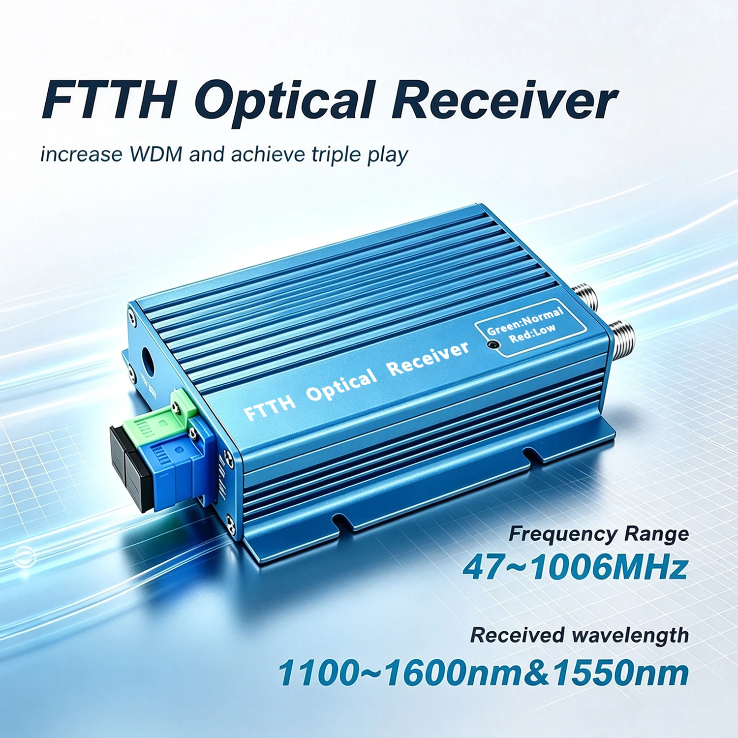 2 porte di uscita RF, 1550 Nm e 1310 Nm, ricevitore ottico FTTH/CATV, fibra di alto livello, convertitore WDM, connettore duplex SC APC/UPC