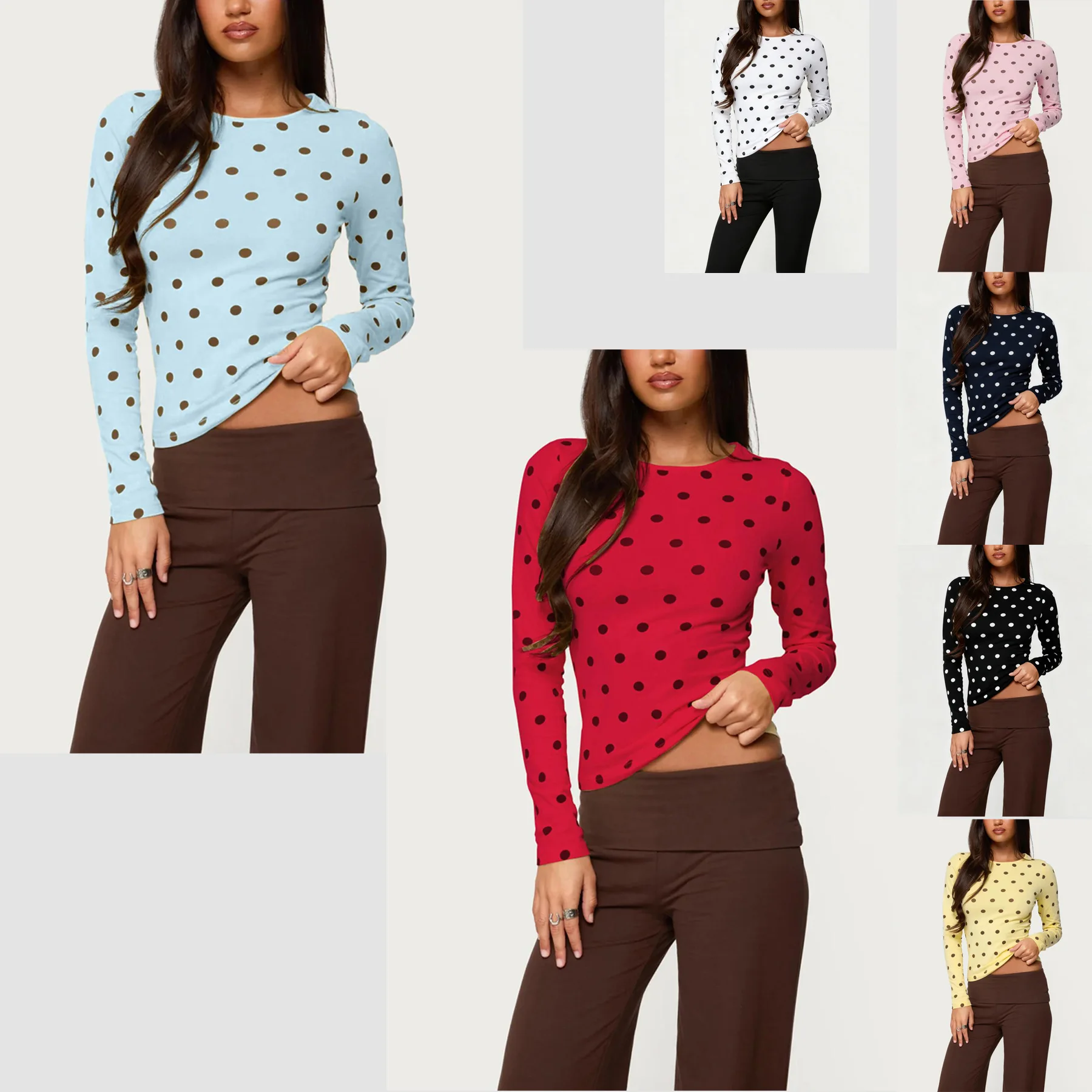 Women Vintage Y2K Long Sleeve Polka Dot Ladybug Cropped Tops Vintage Slim Fit Crop Tops Crew Neck Going Out T-Shirts Tees