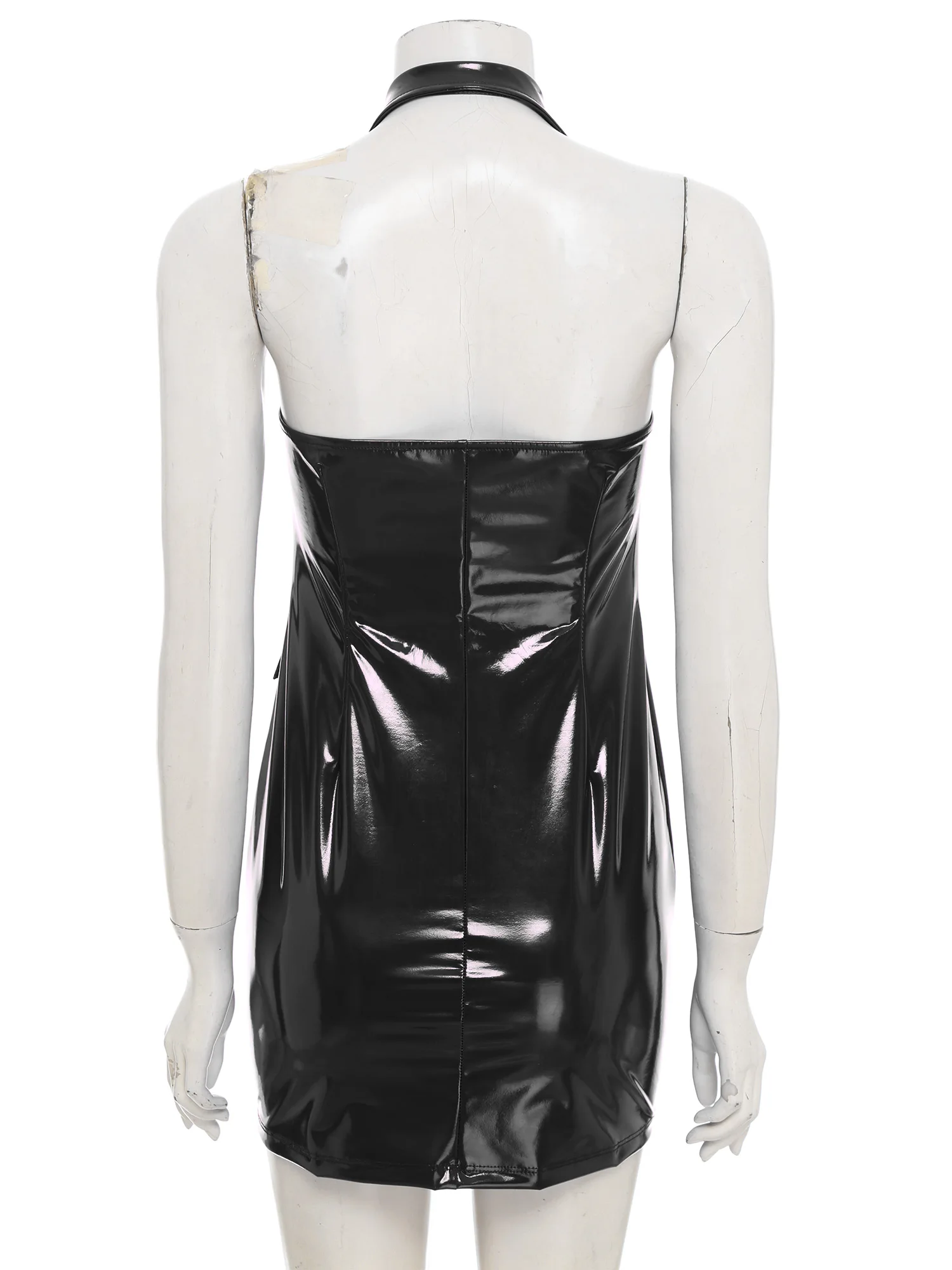 ผู้หญิง PU หนังสีดํา SLIM FIT Deep V คอสะโพกกอดชุดมินิแฟชั่นเงาปาร์ตี้คลับบาร์ดูชุด