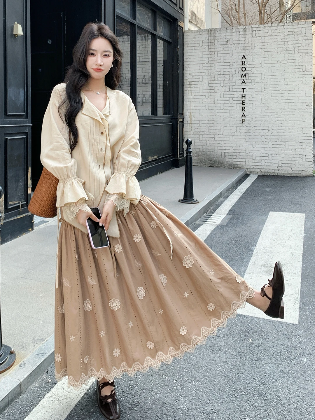 

Spring Autumn Irregular Hem Shirt Set Women's High Waist Floral Print Two Piece Suit Casual Fashion Ensemble Chic Style