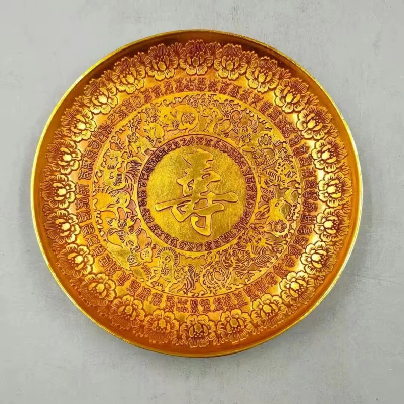 

Бесплатная доставка, антикварная разноцветная медная тарелка в стиле ретро с тарелкой с персонажами «Шау», поднос для чая, сто благословений, сто долголетий G