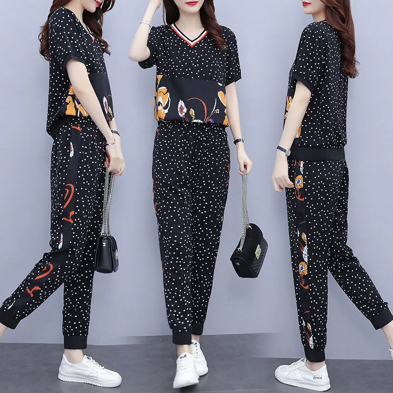 Set Female 2024 Summer New Suit  2PCS M-5XL Two Piece Women\'s Wide Short Sleeve Top Printed Ladies Outfit Jacket