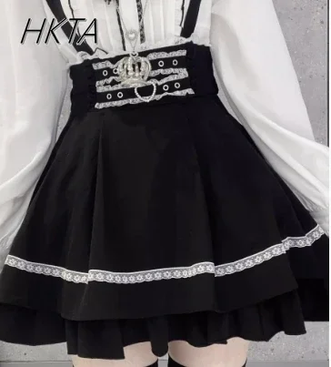 

Japanese Mine Series Mass Production Strap Skirt Women Lolita Black Skirt Cute Girls Lace Heart Rhinestone Slim Suspender Skirts