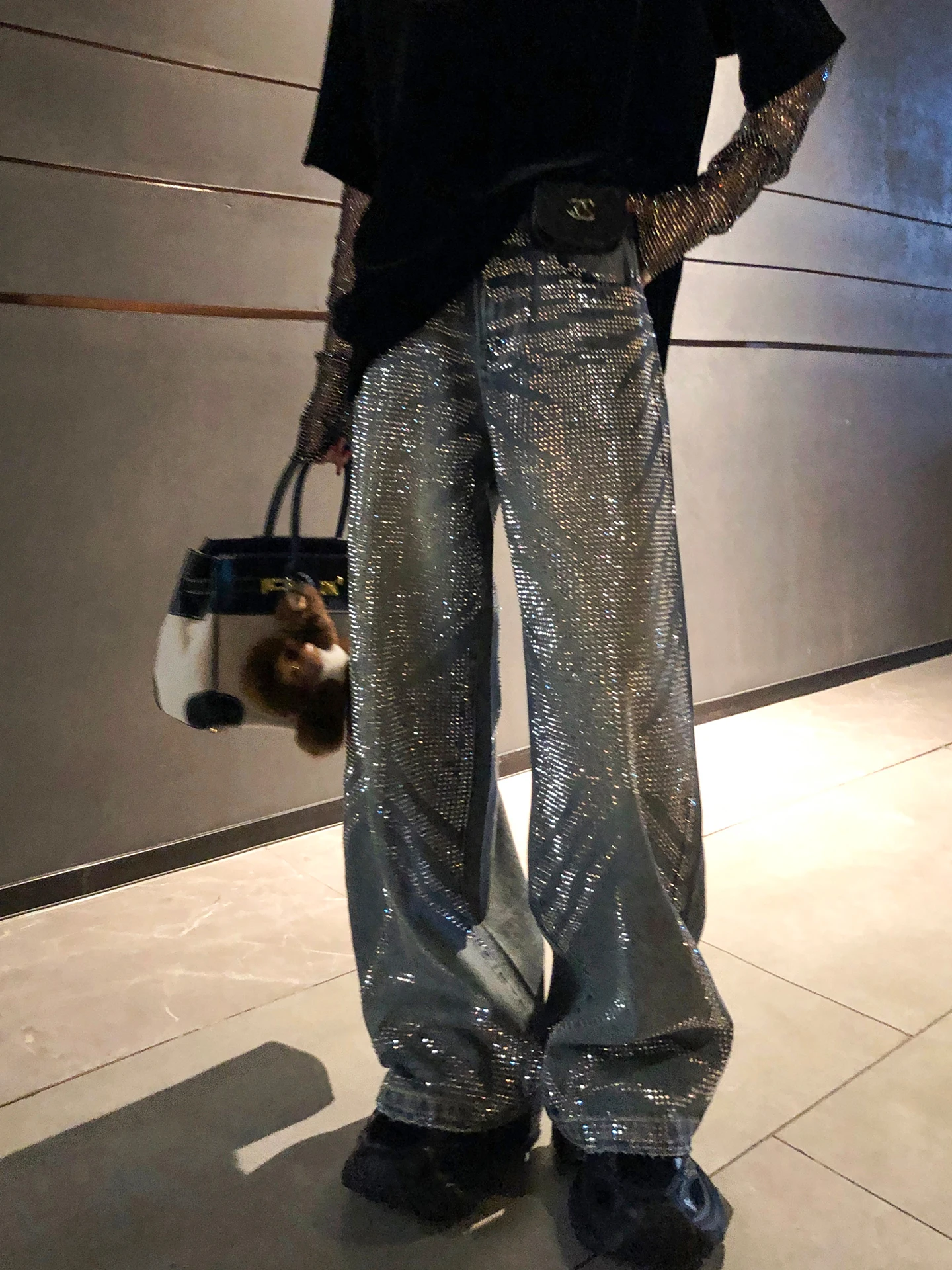 

Luxury Design Wide Leg Straight Cut Jeans Women's Street Sle Cotton Diamond Padded Long Trousers Retro Vintage Cotton Denim