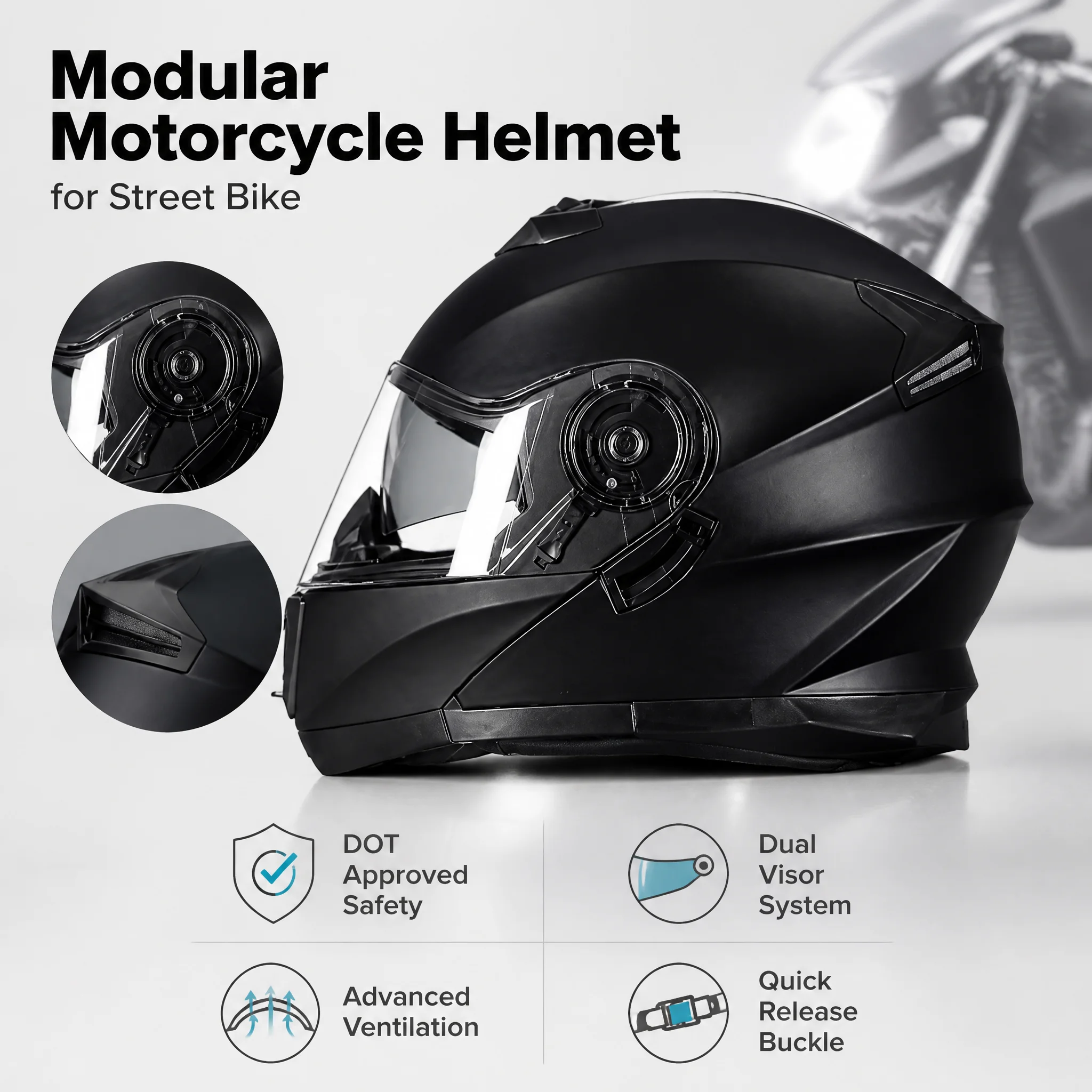 Mattschwarzer Unisex-Motorrad-Klapphelm, DOT-zertifizierter modularer Vollgesichts-Schutzhelm mit Doppelscheibe in den Größen M/L/XL, schützende Kopfbedeckung für Motorradfahrer, langlebiges,