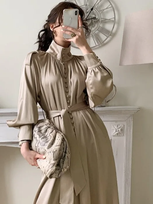 

Chic Vintage High Collar Button up Slimming Waist Midi irt Dr Women's Faion Commute Sle Long Sve Color