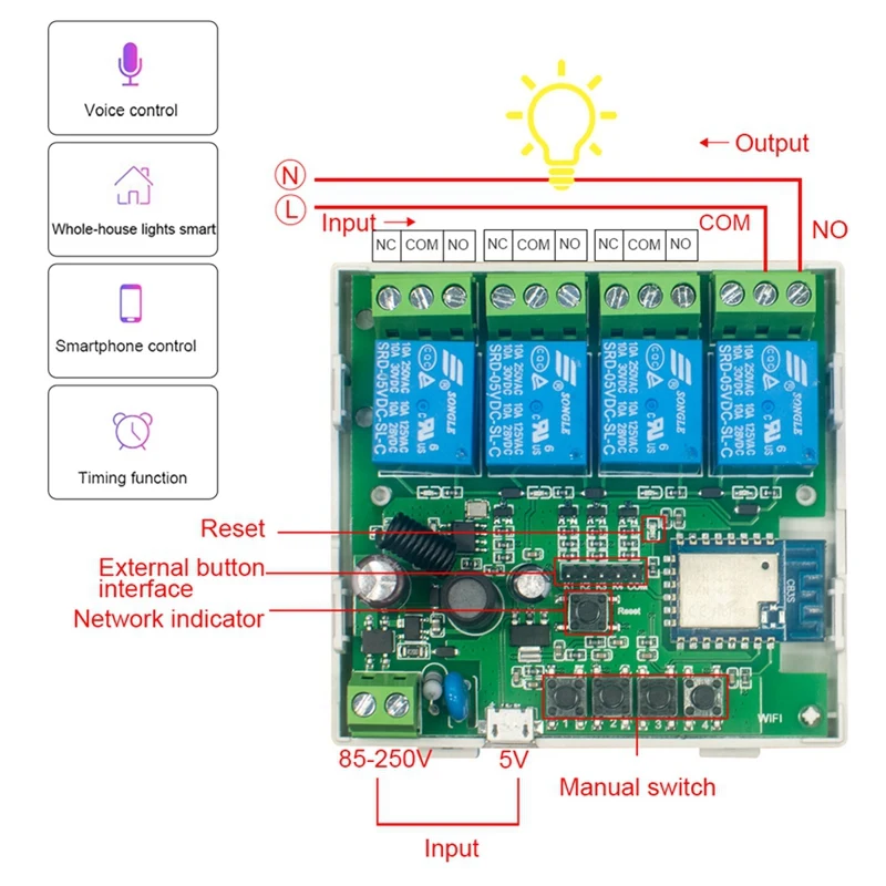 1 шт. умный переключатель Tuya, модуль Wi-Fi, таймер «сделай сам», 85 В-250 В переменного тока, 4 канала, RF, белый для Alexa Google Home