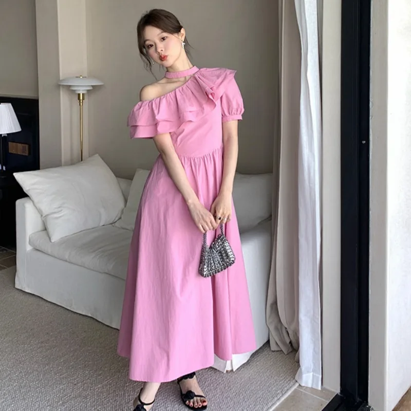 Summer French Style Halter Temperament Off The Shoulder Sloping Collar Ruffled Edge Dress Artistic Retro Design Women Long Skirt