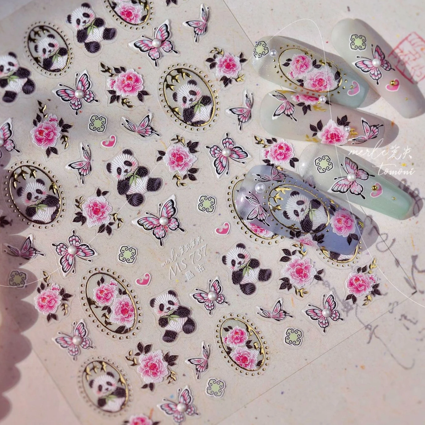 Panda Bamboo Butterfly Pattern Totem Figure Peony Flower Love Heart Adhesive Nail Art Stickers Embroidery Pearl Manicure Decals