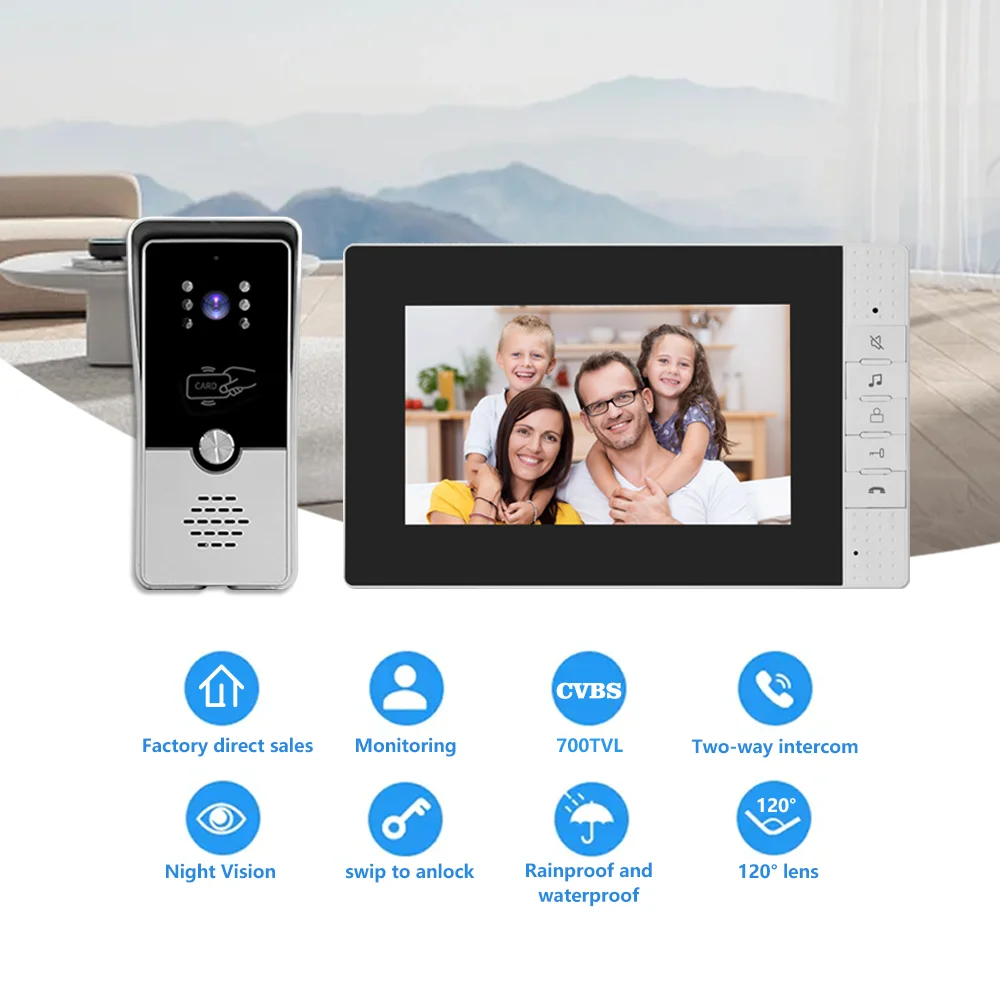VIDEO 4 Wired Video Intercom System RFID Unlock Camera Doorbell With 7 Inch Screen Night Vision Home Door Bell For Villa