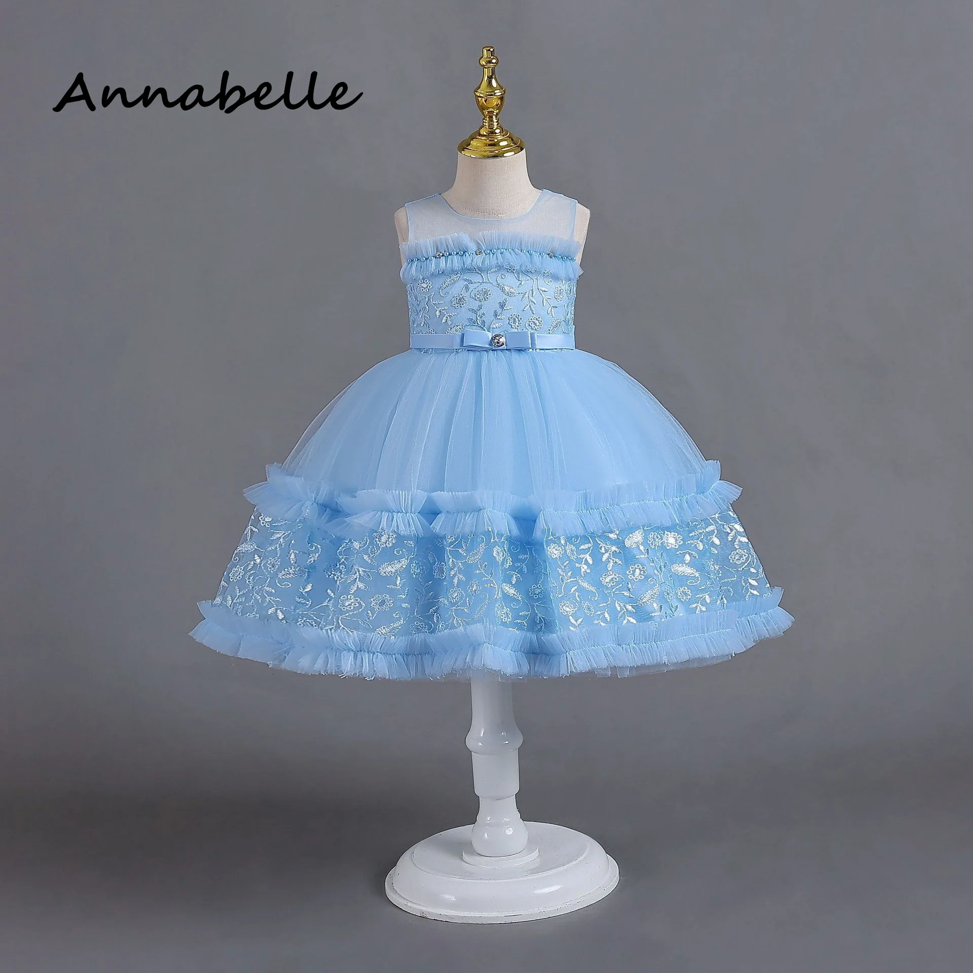 Annabelle-vestido de princesa con lazo para niña, traje con apliques hinchados para Ceremonia de cumpleaños, fiesta de boda y dama de honor