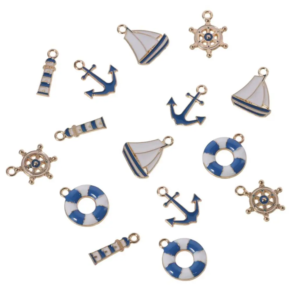 50pcs Alloy Nautical Collection Charms Lighthouse, Lifebuoy, Rudder, Anchor and Sailboat about 18mm in Length Alloy Anchor Charm