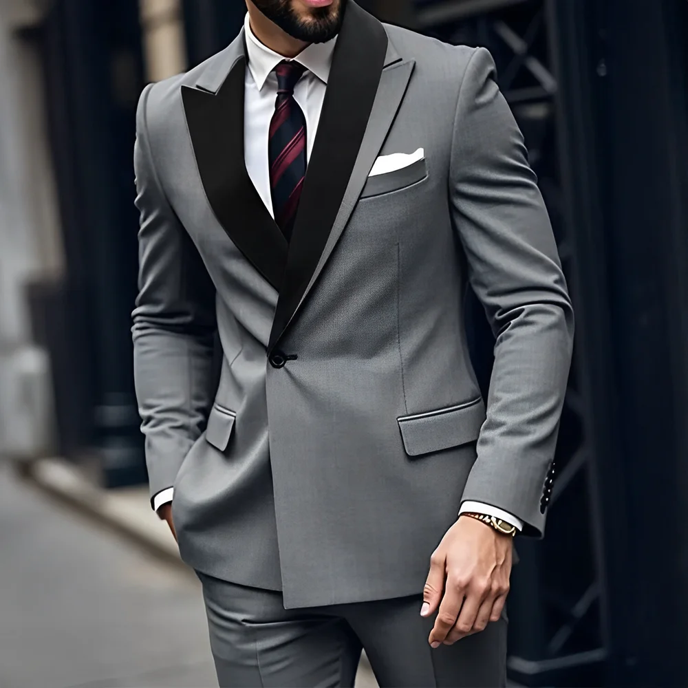 Elegant Grey Slim Fit Men Suits One Button Flat Front 2 Pieces Jacket Pants Sets High Quality Wedding Male Clothing Blazer