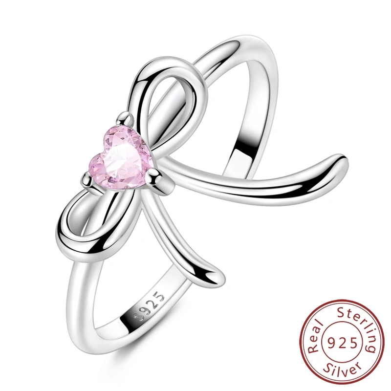 

Romantic 100% 925 Sterling Silver Girl Pink Bow Opening Ring For Women Jewelry Gift Making