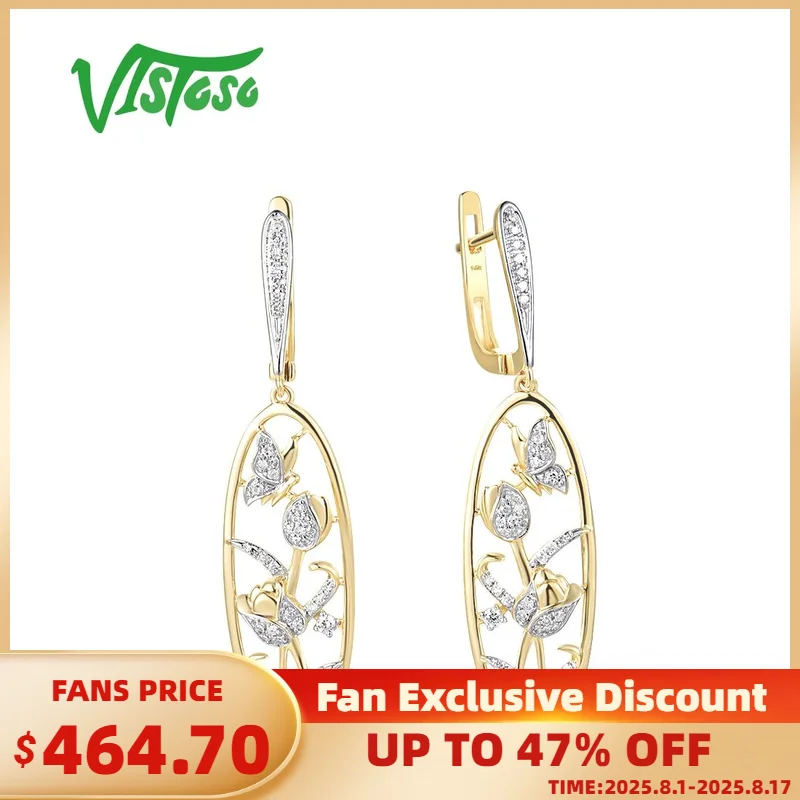 

VISTOSO Real 14K 585 Yellow Gold Butterfly & Flower Earrings For Women Sparkling Diamonds Dangling Latch Back Fine Trend Jewelry