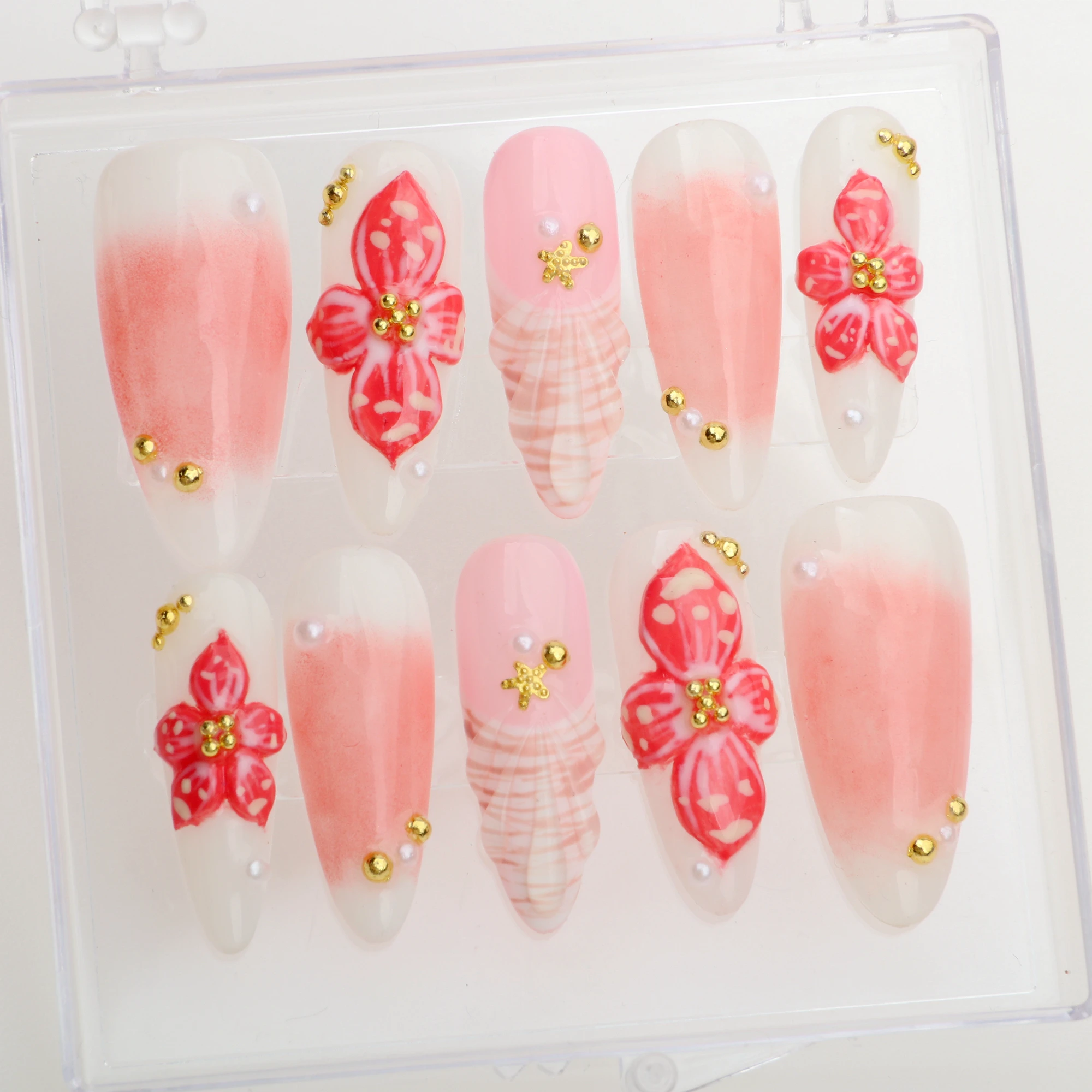 

10Pcs Handmade Manicure Pin Long Almond Fake Nails Unique 3D Star Cut Flowers Press On Nails Design with Adhesive Nail File Set