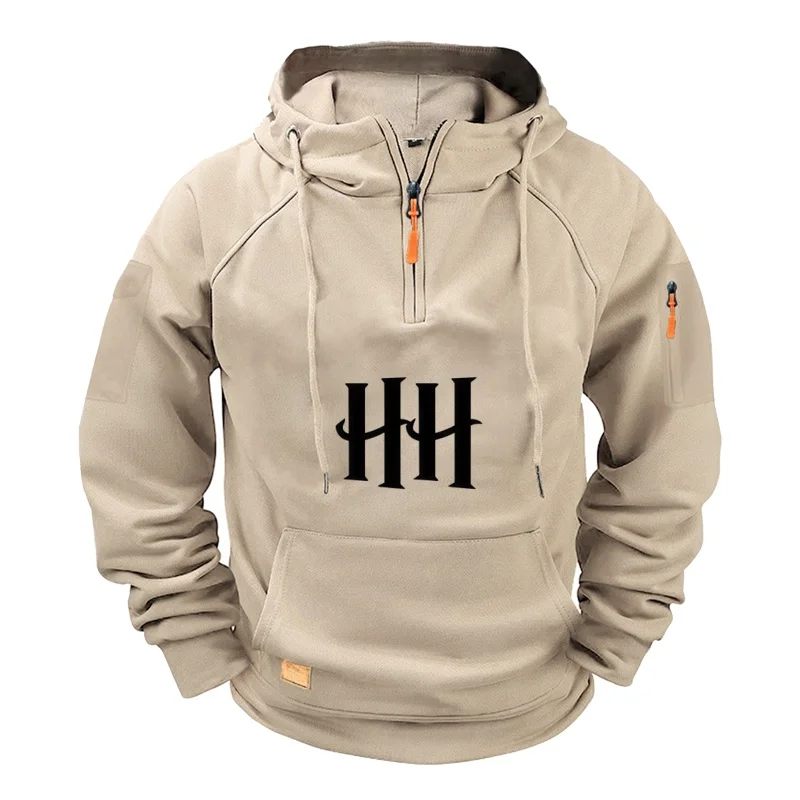 

New men's long-sleeved hooded sweatshirt with a zipper pull cord and multiple pockets in 2025，fashionable and casual men's wear
