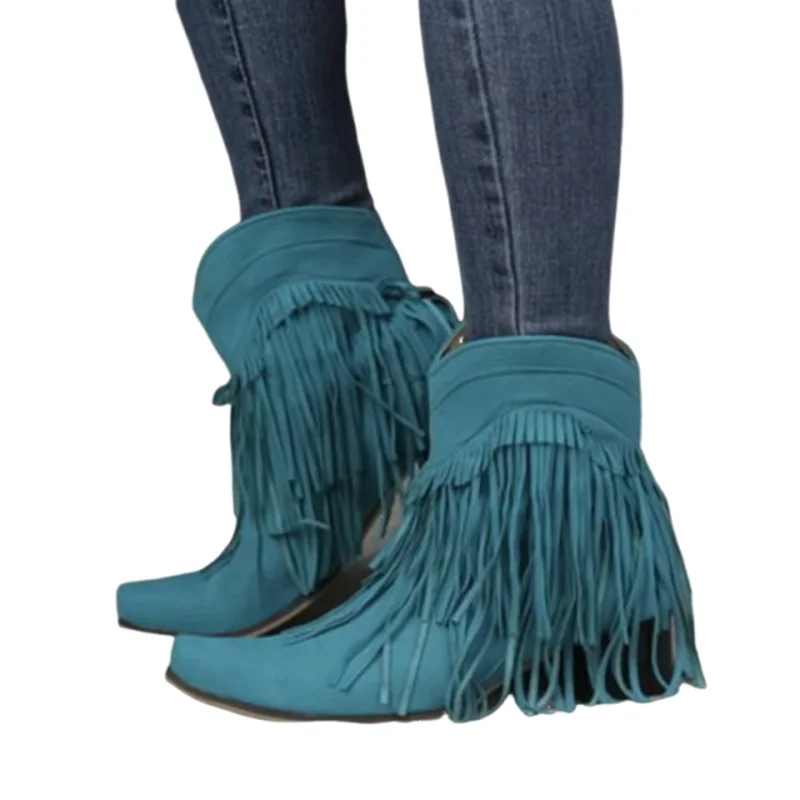 Women Winter Boots Square Toe Fringe Shoes Flock Warm Wide Fitting 46-34 Wedges Heels 4cm Blue Yellow Comfortable Botas Zapatos