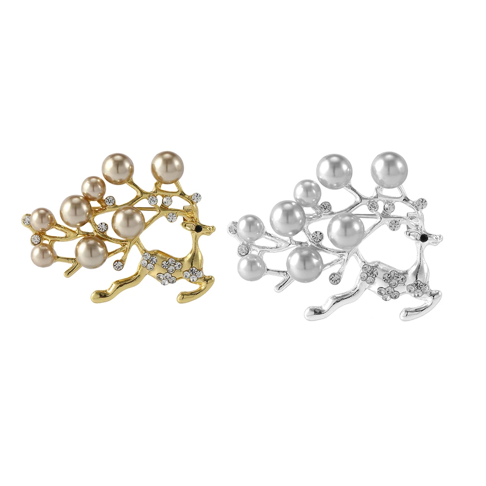 دبابيس طية صدر أيل بألوان ذهبية وفضية للنساء ، بروش لؤلؤ مرصعة بالكامل بالكريستال ، 2 روض