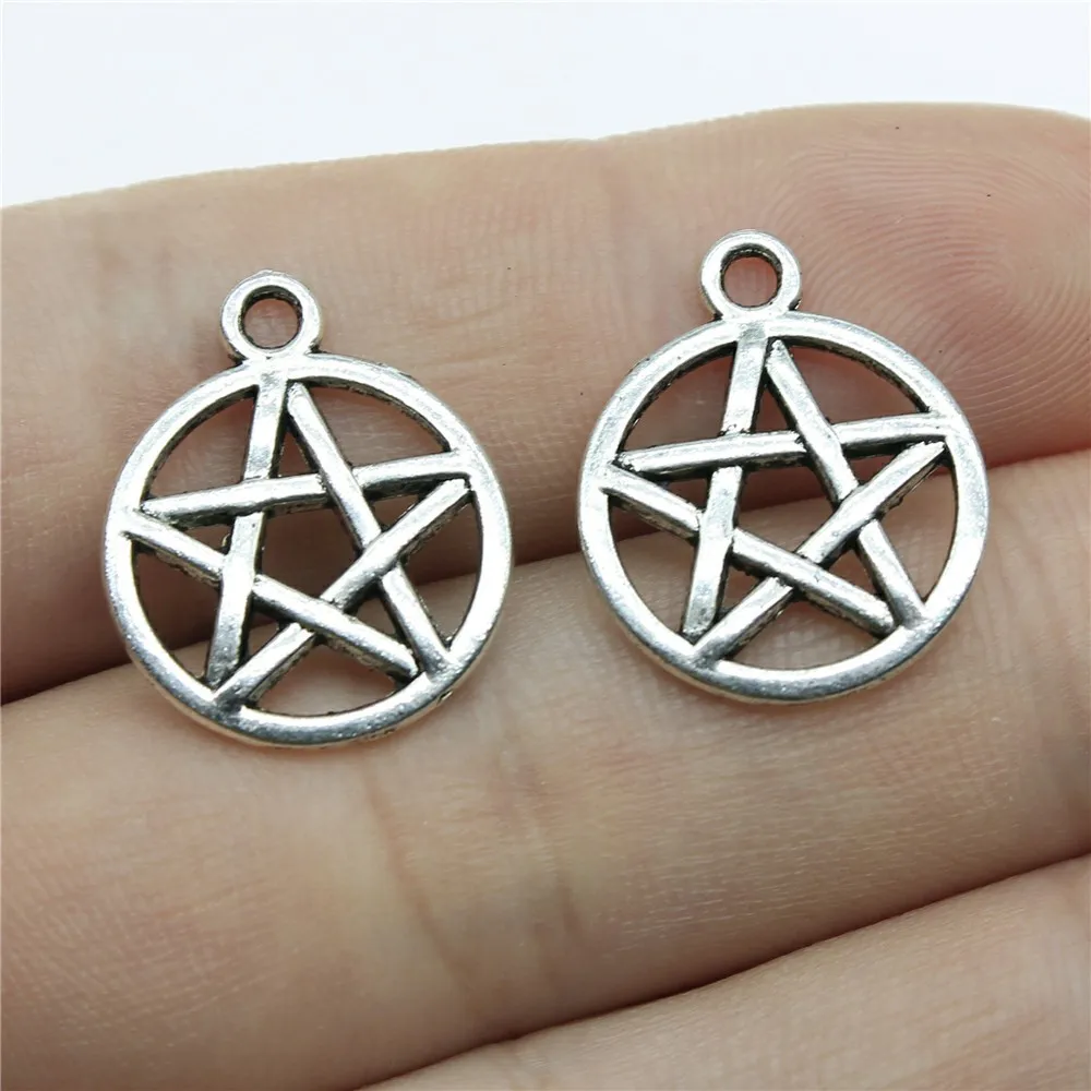 Pentagram Encantos para Fazer Jóias DIY, Pingentes Antigos, Bronze, Prata, Cor Dourada, Estrela, Tibetano, Artesanato Artesanal, 20PCs, 19x16mm