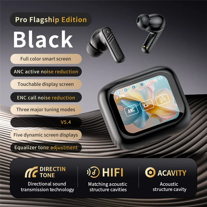 Excellent-Bluetooth V5.4 Earphone Noise Cancellation Color Screen Touch High Sound Quality Binaural ANC+ENC Bluetooth Earphone
