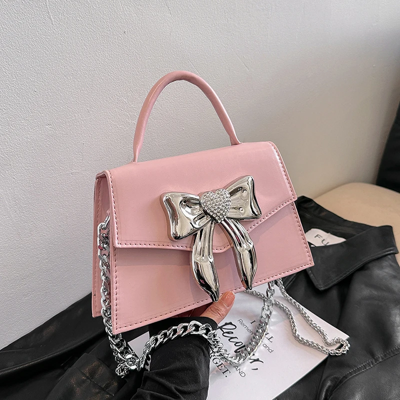 

﻿ Модная сумка-цепочка через плечо, трендовая вечерняя сумочка-клатч, розовая сумка-тоут, маленькая женская сумка с бантом, сумка-флэп из искусственной кожи