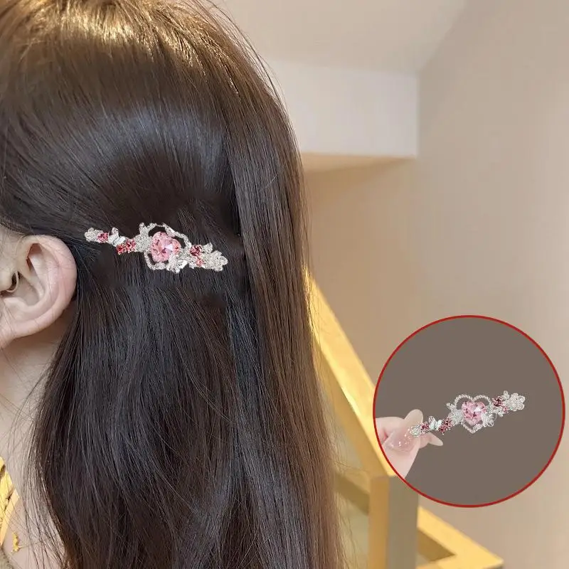 

Pink Crystal Love Hair Clip One-word Duckbill Clip For Girls Side Clip Sweet Hairpin Women's Hair Accessories