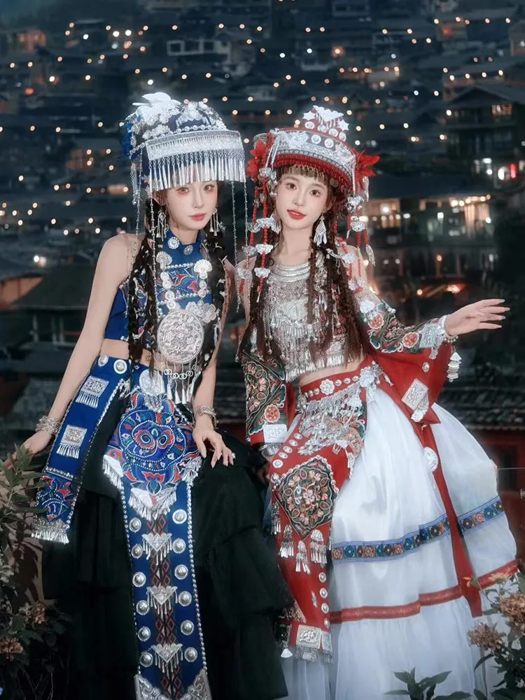 

New clothing red and blue best friend ethnic dress set hat performance costume