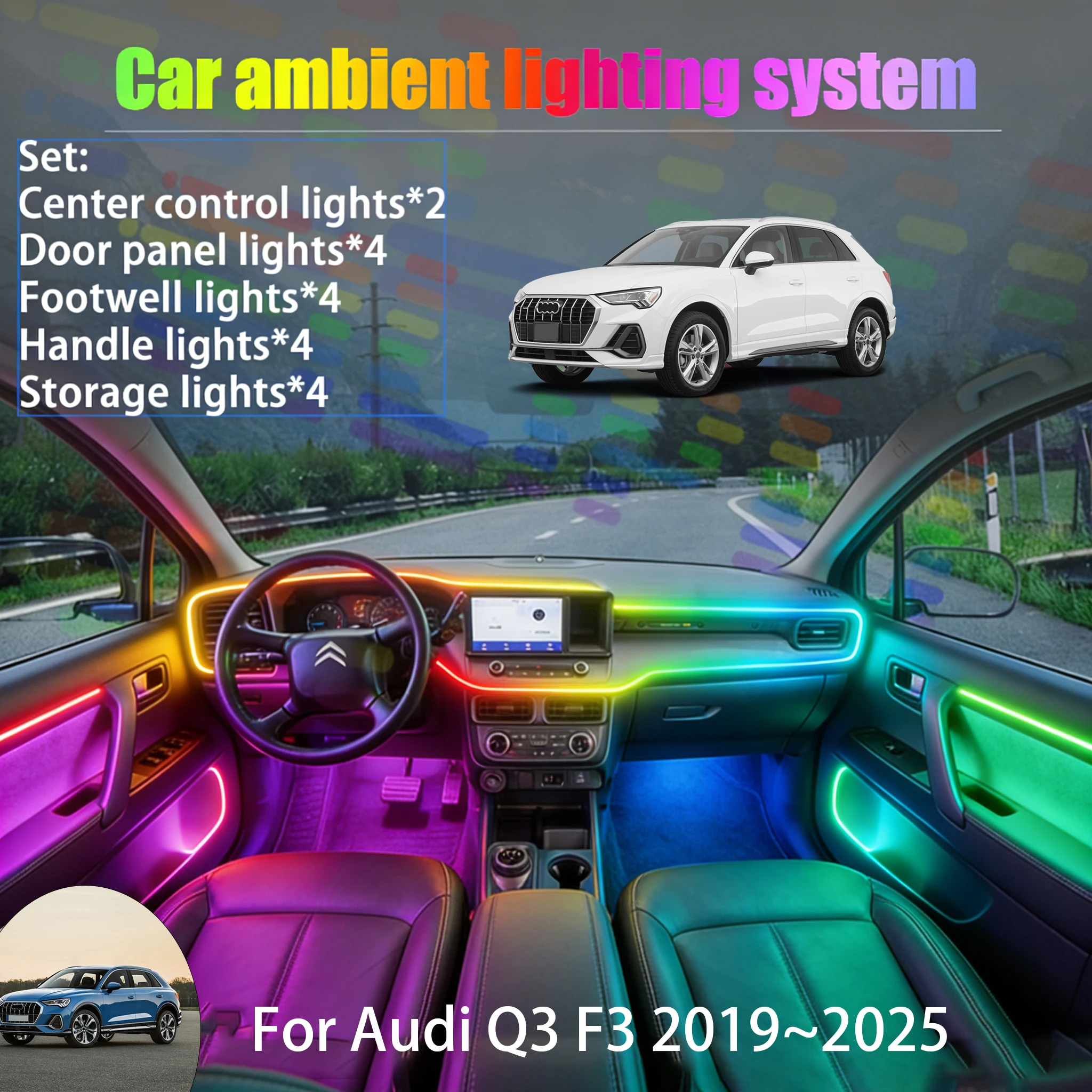 

Для Audi Q3 F3 2019~2025 MK2 2/18 в 1: Комплект светодиодной подсветки салона и багажника USB RGB с эффектом потока, аксессуары