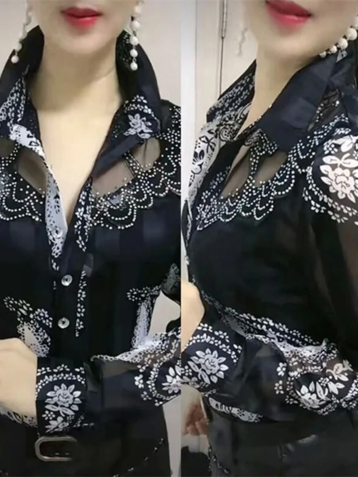 

Floral Lace irt Women's Base Layer Floral Print Long Sve Street Sle Polyester Casual irt for Ages 25-50 Autumn Season