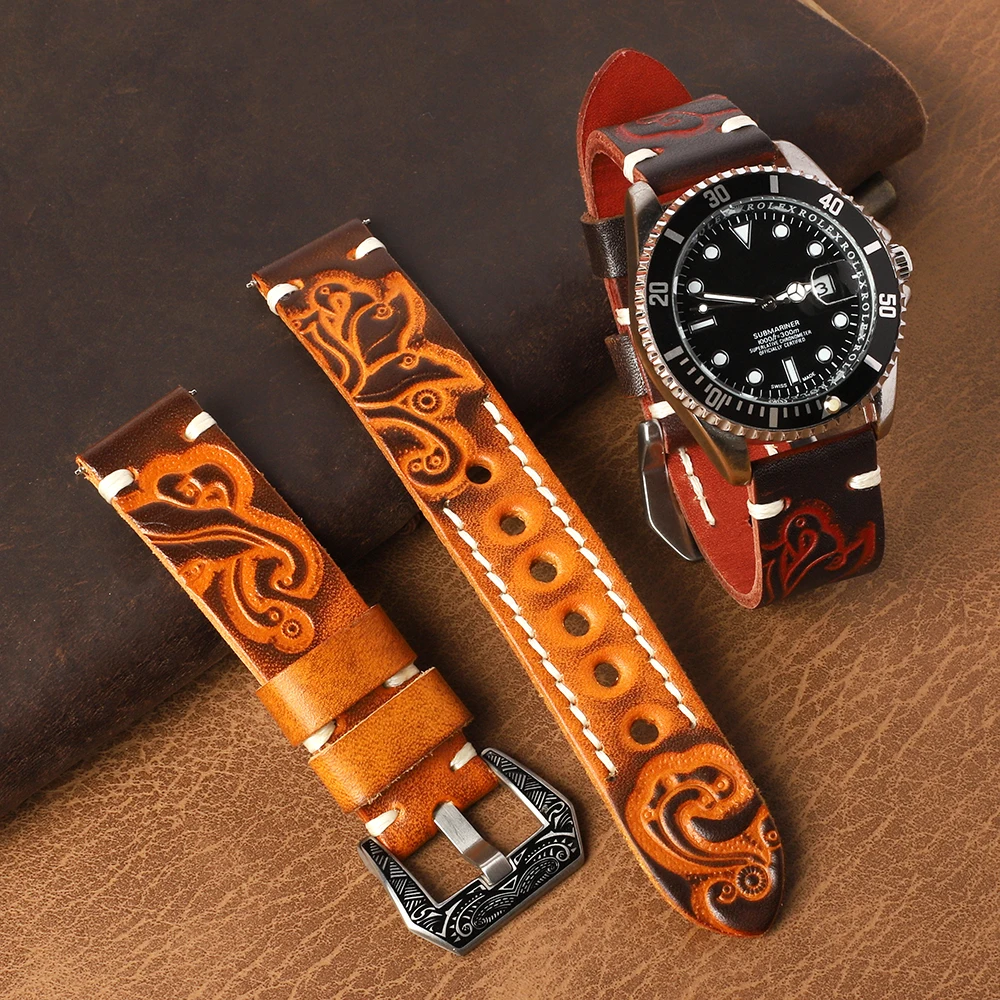 

Винтажный ремешок для часов из натуральной кожи с резным тиснением 18 мм, 20 мм, 22 мм, 24 мм для ремешка для часов Panerai с резной пряжкой и гравировкой
