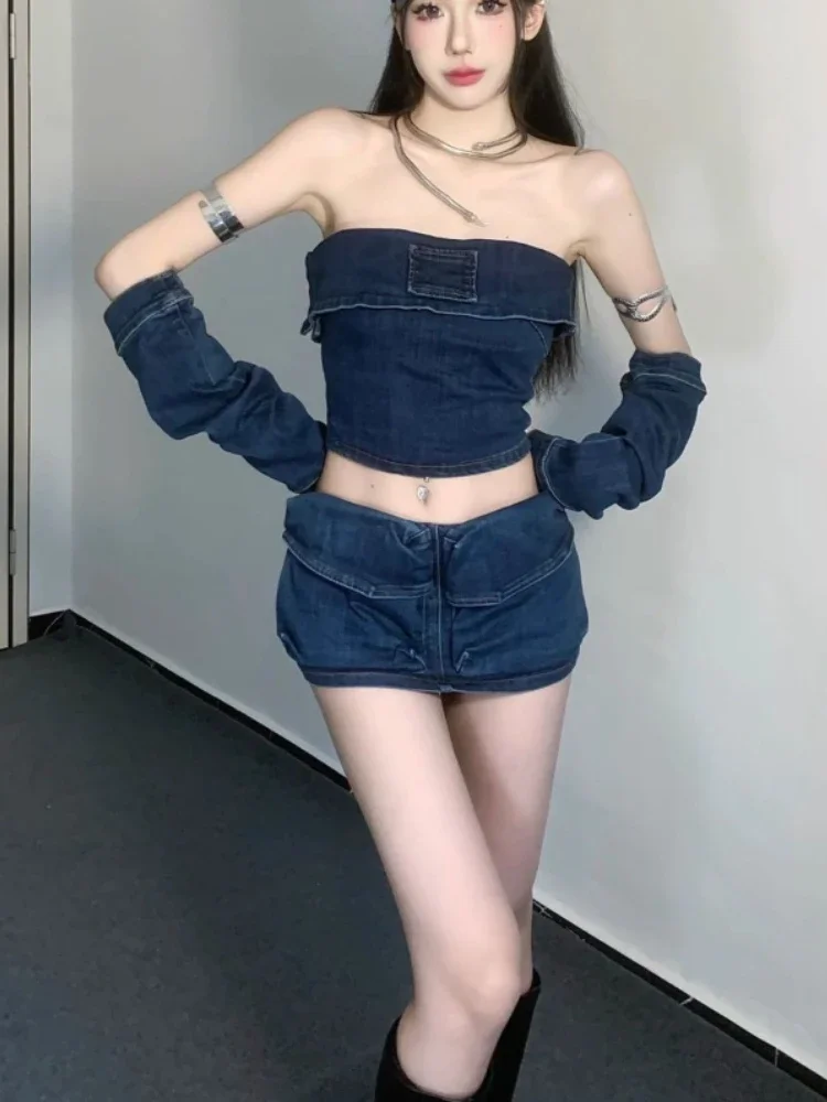IMU Korean Fashion Sexy Retro Women's Two Pieces Set Slash Neck Spicy Girl Design Denim Suit Female 2000s Aesthetic Elegant Clot